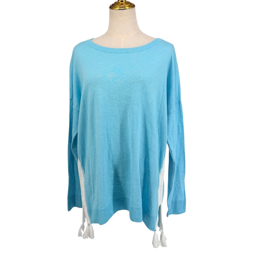 Lilly Pulitzer Sweater Womens L Blue Tassel Crochet Trim Coolmax Coastal Resort